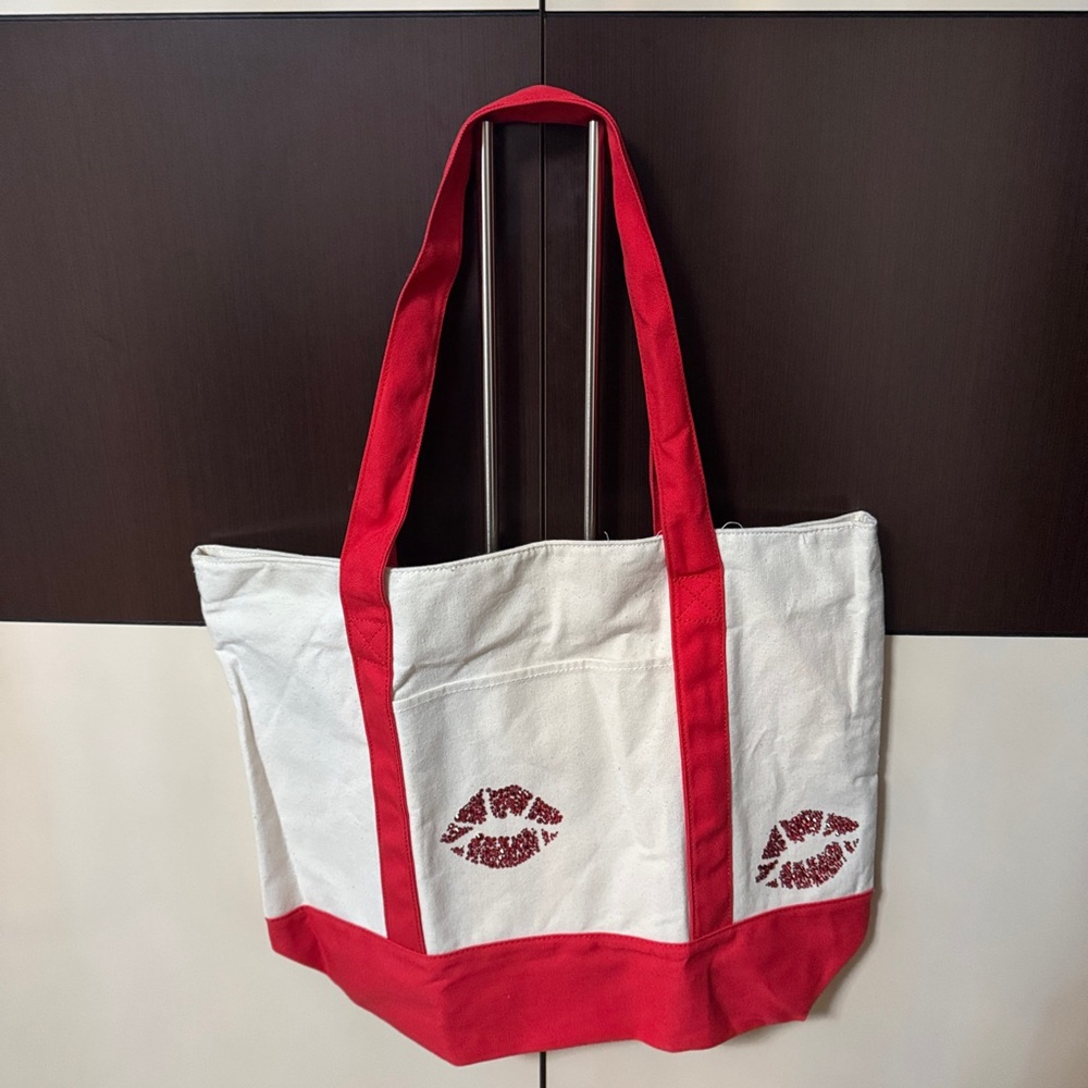Red and White Tote Bag with Bedazzle Kisses
